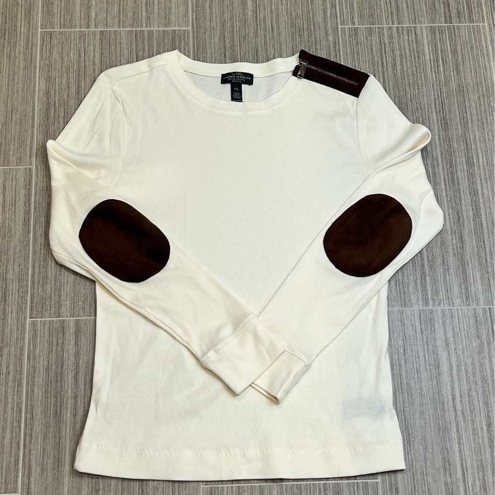 LRL Lauren Jeans Co Ralph Lauren Cream Ivory‎ Petite Top Long Sleeve Elbow Patch